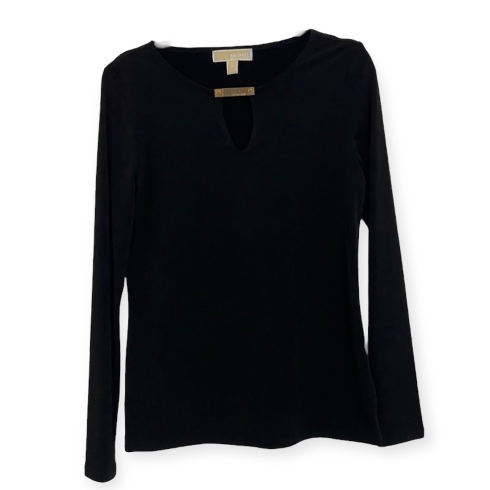 MICHAEL KORS Black Long Sleeve Top with Gold Clip